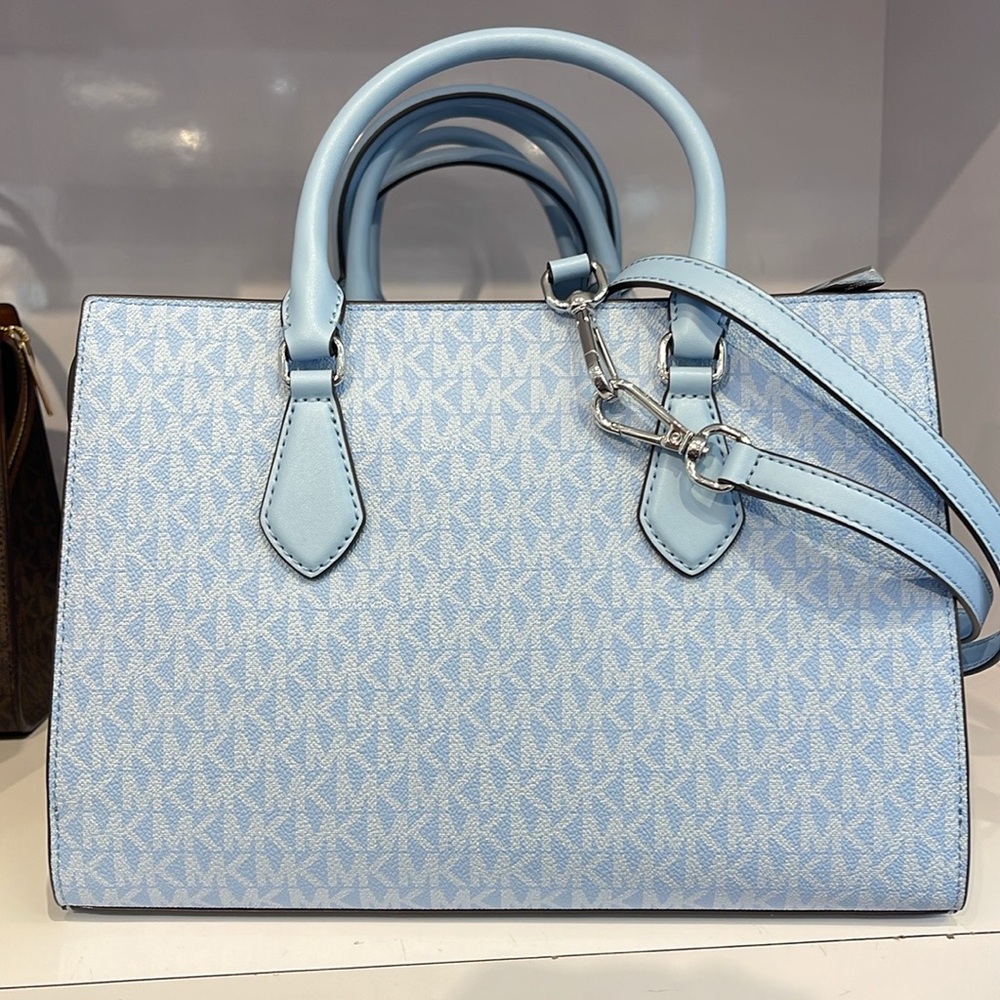 MICHAEL KORS Sheila Medium Logo CZ Satchel Crossbody Bag 
Light Sky
NWT - Picture 10 of 16